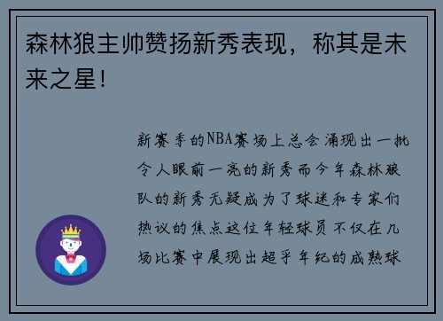 森林狼主帅赞扬新秀表现，称其是未来之星！